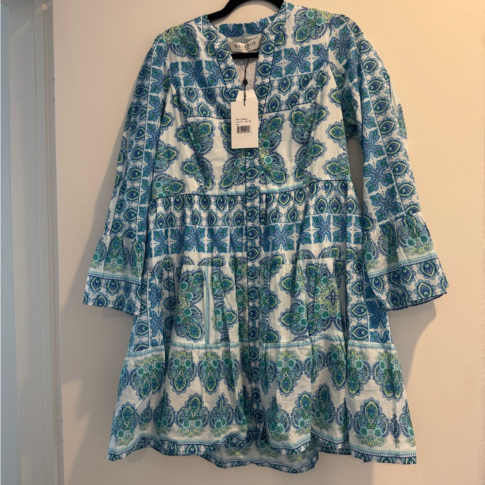 Hale Bob Blue and Green Long Sleeve Dress NWT